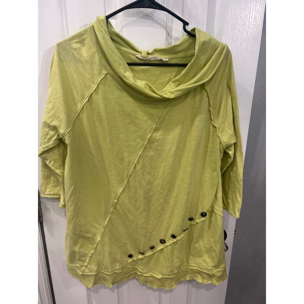Soft Surroundings Top Lime Green Cowl Neck Button Detail 3/4 Sleeve Boho 2BW74